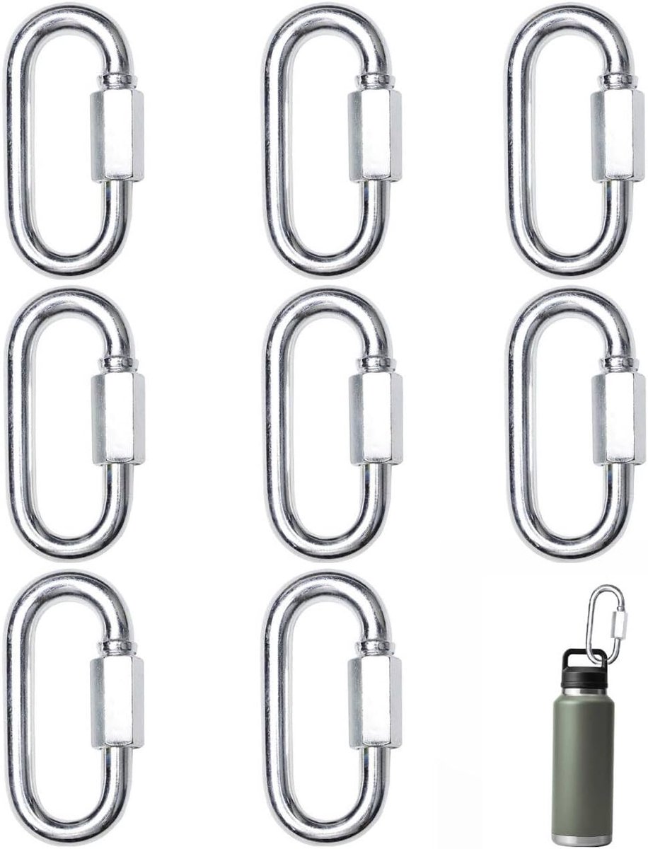 Karabijnhaken van roestvrij staal, 8 stuks, schroefkarabijnhaken, karabijnhaak met schroefsluiting, M4 kleine karabijnhaak, veiligheidskarabijn, sleutelhanger van roestvrij staal voor camping
