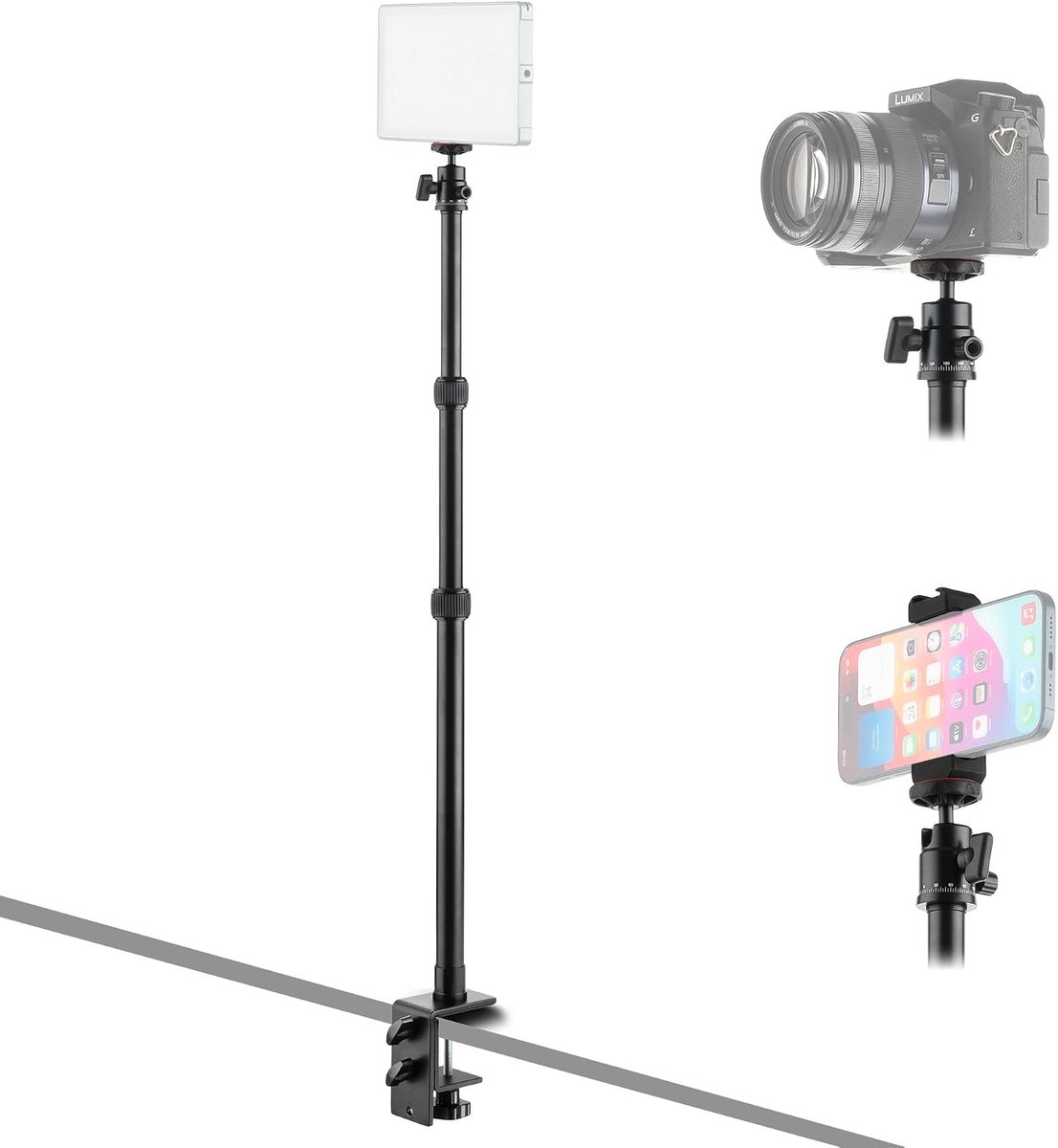 Verstelbare tripod met tafelklem - Hoogte 42-100 cm - Inclusief balhoofd en telefoonhouder - SnelShoppen