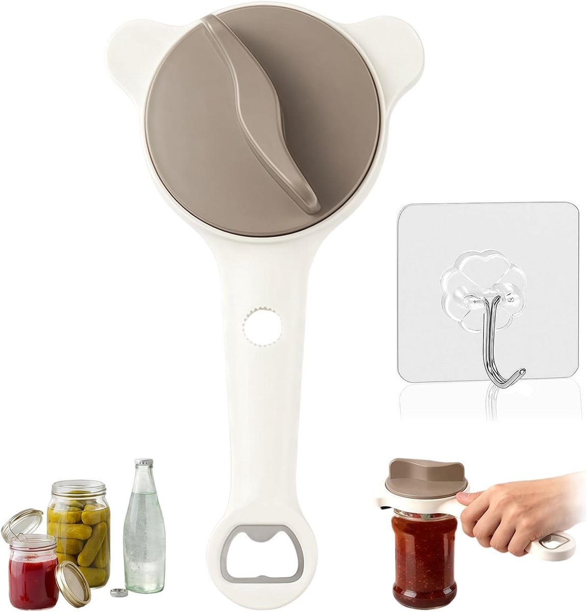 Potopener Schroefdekselopener, 4-in-1 Ontwerp, Moeiteloos & Antislip, Ideaal voor Senioren & Artritis, voor Potten Flessen & Blikken, Ergonomisch, Beige