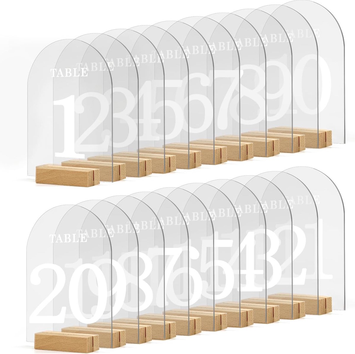 20st Acryl Bruiloft Tafelnummers met Standaards, Acryl Boog Tafelnummers Acryl Tafelnummers met Houten Voetstukken Boog Tafelnummers voor Huwelijksreceptie Feest Verjaardagsdecoratie