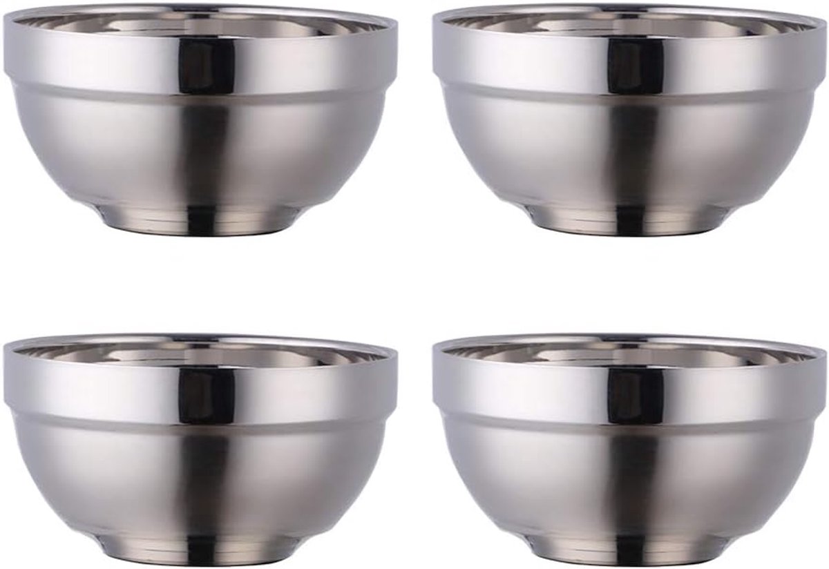 Mueslikom van roestvrij staal, 500 ml, zilver, soepkommen, set van 4, rijstkom, grote pastaschaal, dessertkommen, breed, 13 cm (5,1 inch), metalen ramen, kommen, dubbellaags, anti-heet