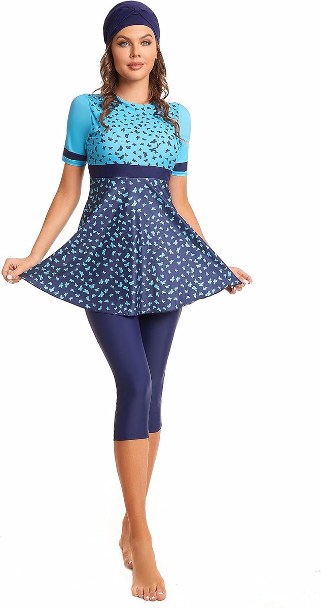 Short Sleeve Swimsuits for Women 3-Piece Bathing Suits Floral Print Swimming Suits Plus Size Rash Guard
