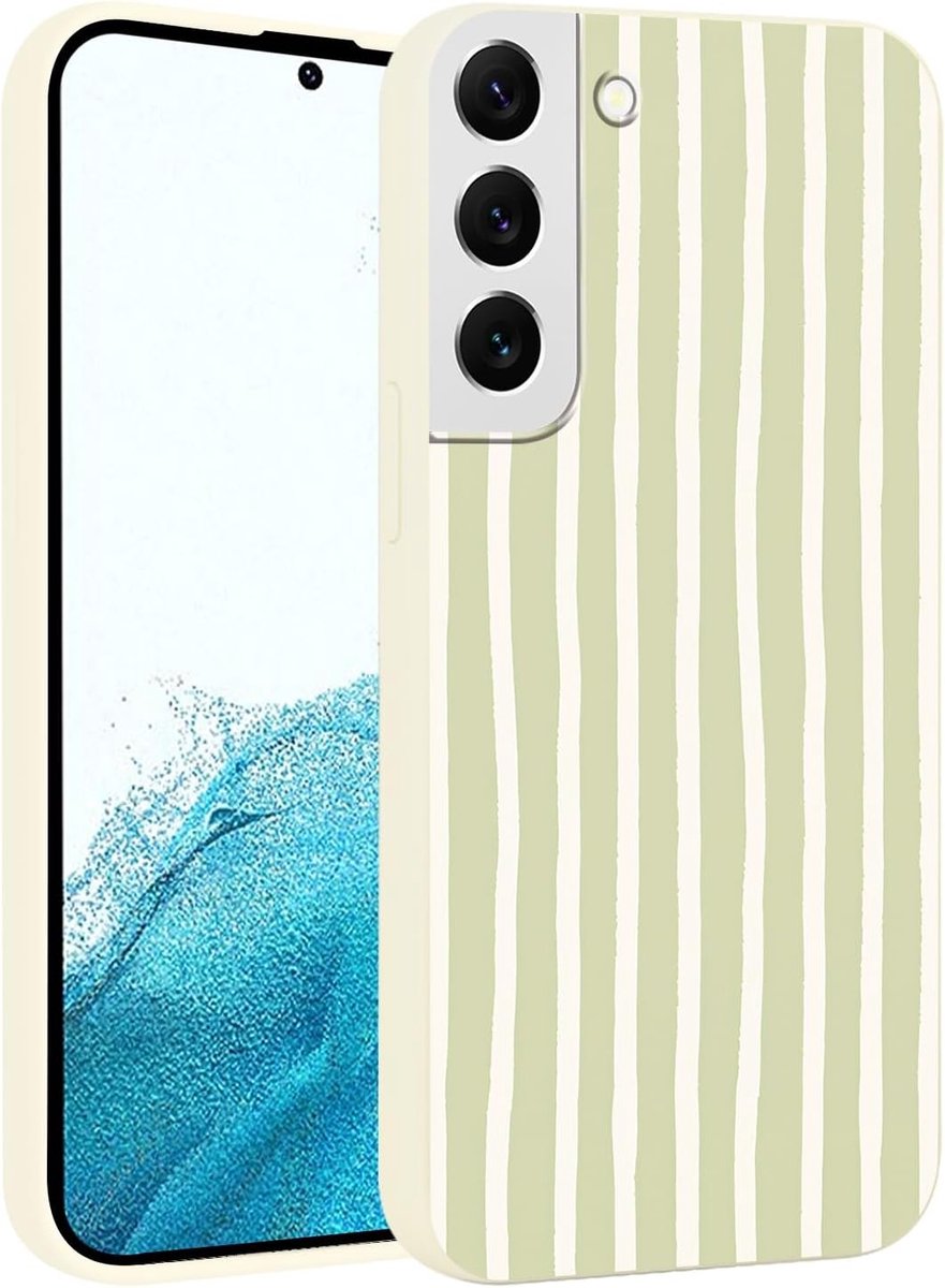 Beschermhoes voor Samsung Galaxy S22 5G 6,1 inch, gebroken wit siliconen met groene witte strepen, esthetisch design, beschermhoes voor meisjes, TPU, schokbestendig, strepen