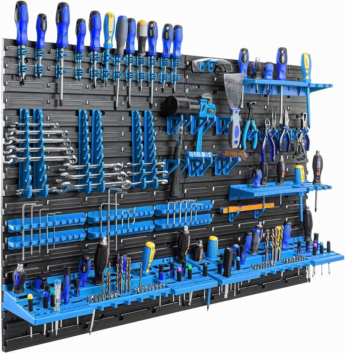 115,8 x 78 cm, werkplaatsrek, gereedschapsdrager, blauw, kunststof, garage, werkplaats, wand