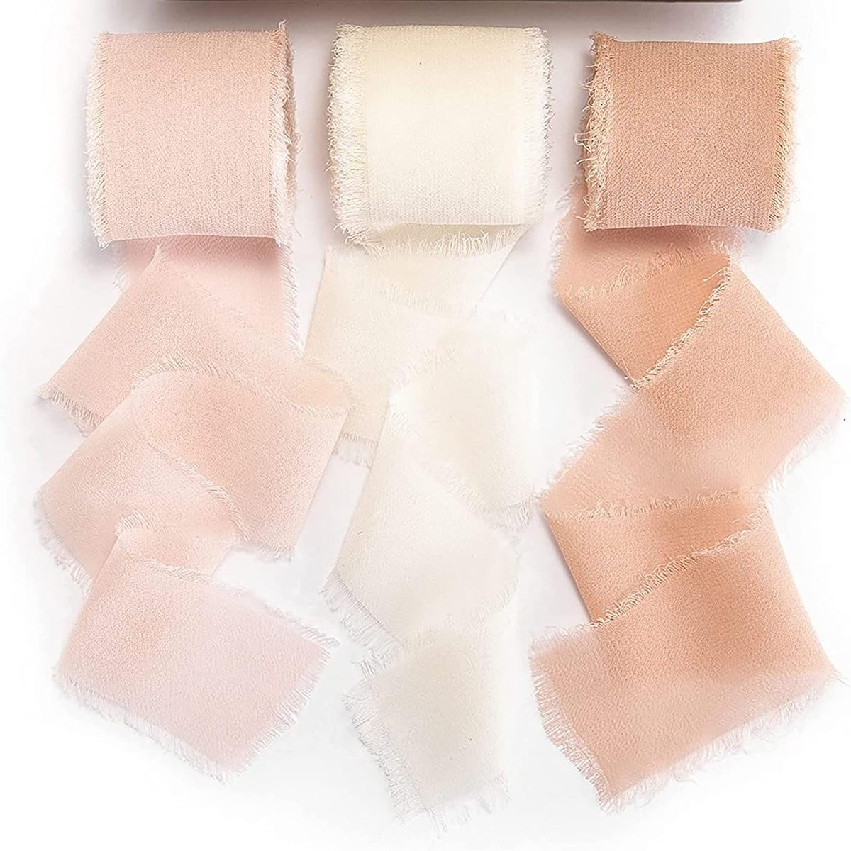 3 rollen handgemaakte franjes chiffon zijden lint gaas 3,8 cm x 3 m linten set voor huwelijksuitnodigingen, bruidsboeketten, geschenkverpakking, doe-het-zelf ambachten (wit en roze, franje