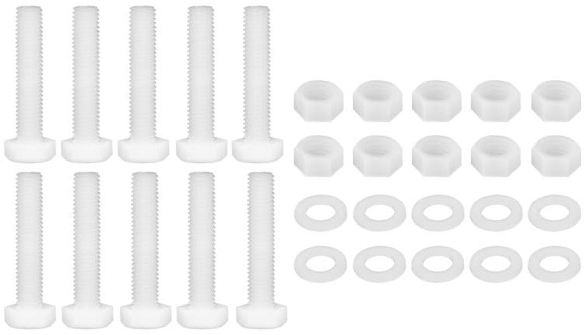 Sets nylon kunststof schroeven M6 x 70 mm met ronde kop, kruiskop met zeskantmoeren en platte sluitringen, bevestigingen voor elektronica en industriële machines (wit)