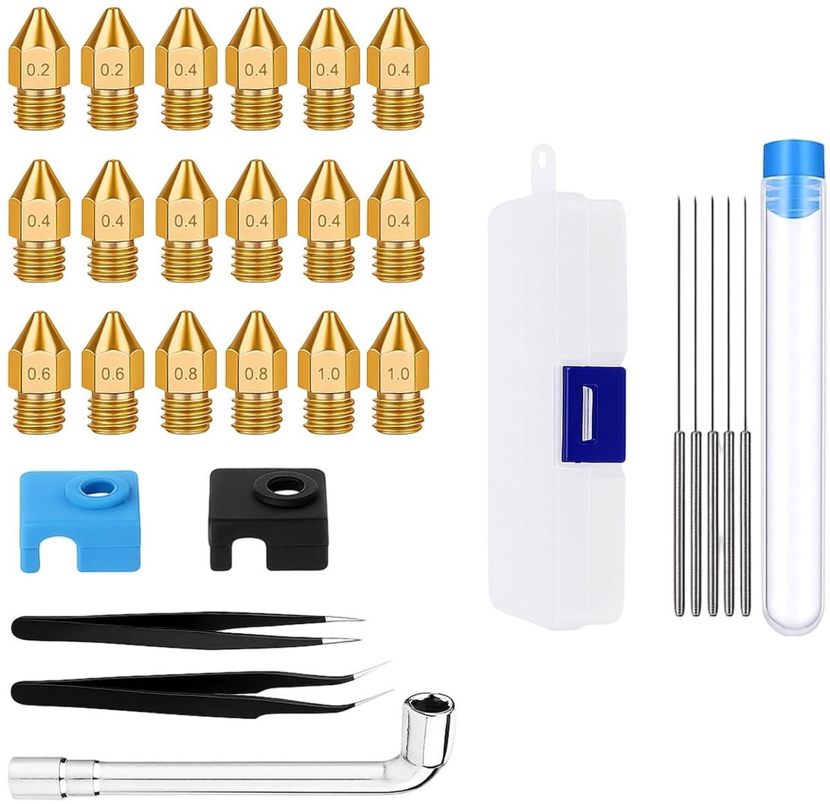 3D-printersproeierset, 30 stuks, 18 messing sproeiers 0,2/0,4/0,6/0,8/1,0 mm met reinigingsgereedschap, accessoires voor 3D-printer, compatibel met filament 1,75 mm en CR-10/CR-8/Ender 3/3S