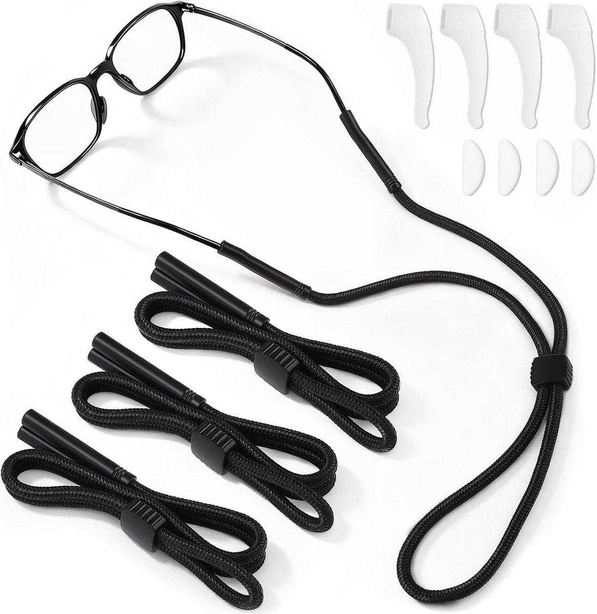 Brillenband, 3 stuks, verstelbare brillenkoord, antislip, zwart | Sportband bril nylon g, brillenkoord heren brillenband, sport brilband brilbeugel hoezen neuspads voor zonnebrillen