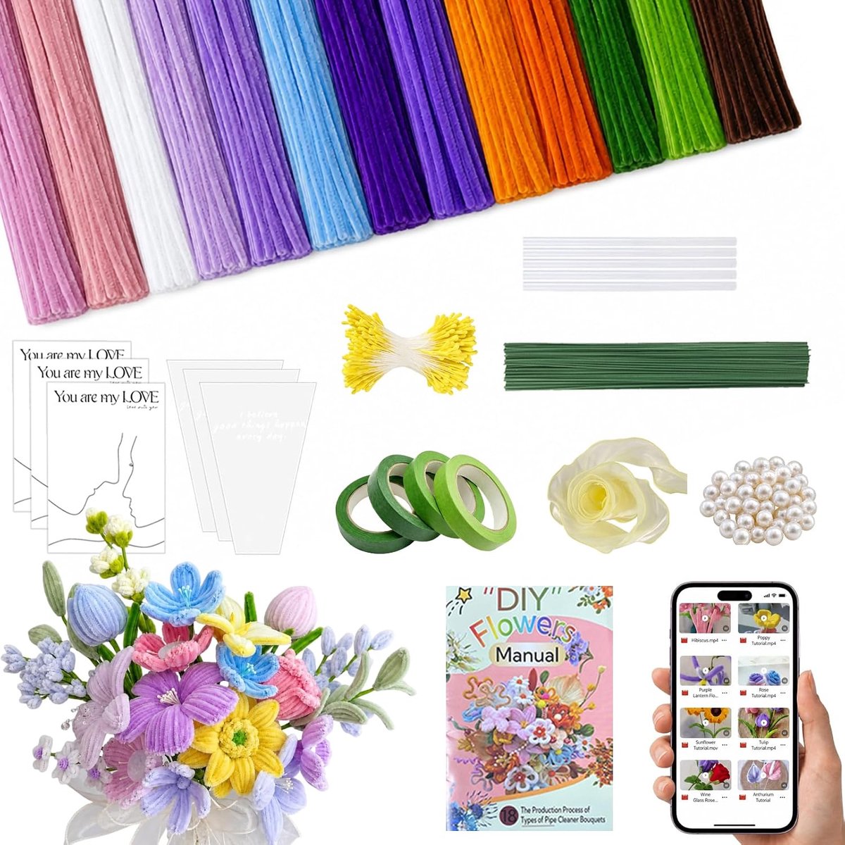 bloemen, set, 800 stuks, 13 kleuren | Pijpenreiniger om te knutselen, chenilledraad, met bloemendraad, met stofbladeren, met cadeaulint
