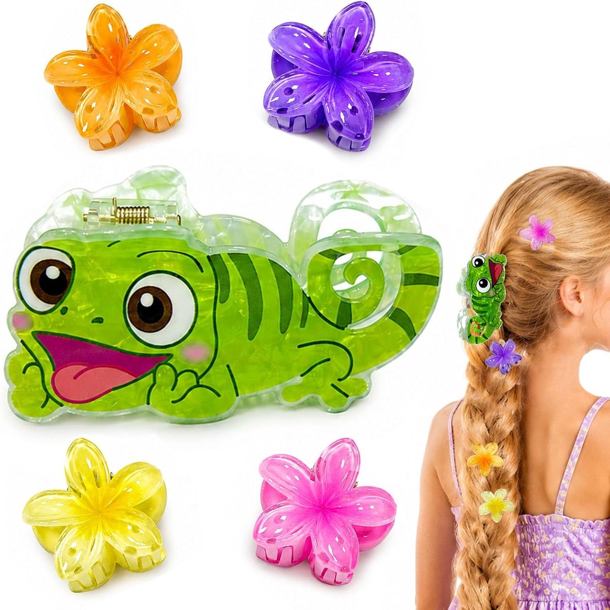 Claw Clip Haarclip, 4 Stuks Bloemen Claw Clips voor Dames, Pascal Chameleon Haarspeldjes, Hawaïaans Bloemen Hair Clips, Cadeau voor Vrouwen, Modeaccessoires voor Elegante Kapsels voor Dames