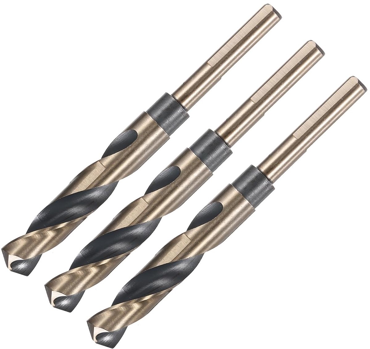 Spiraalboor, verlaagde schacht, 3 stuks, 16 mm, zwart, nitride & goud, titanium gecoat, hogesnelheidsstaal, 4341, met 10 mm schacht voor roestvrij stalen legering, metaal, kunststof, hout