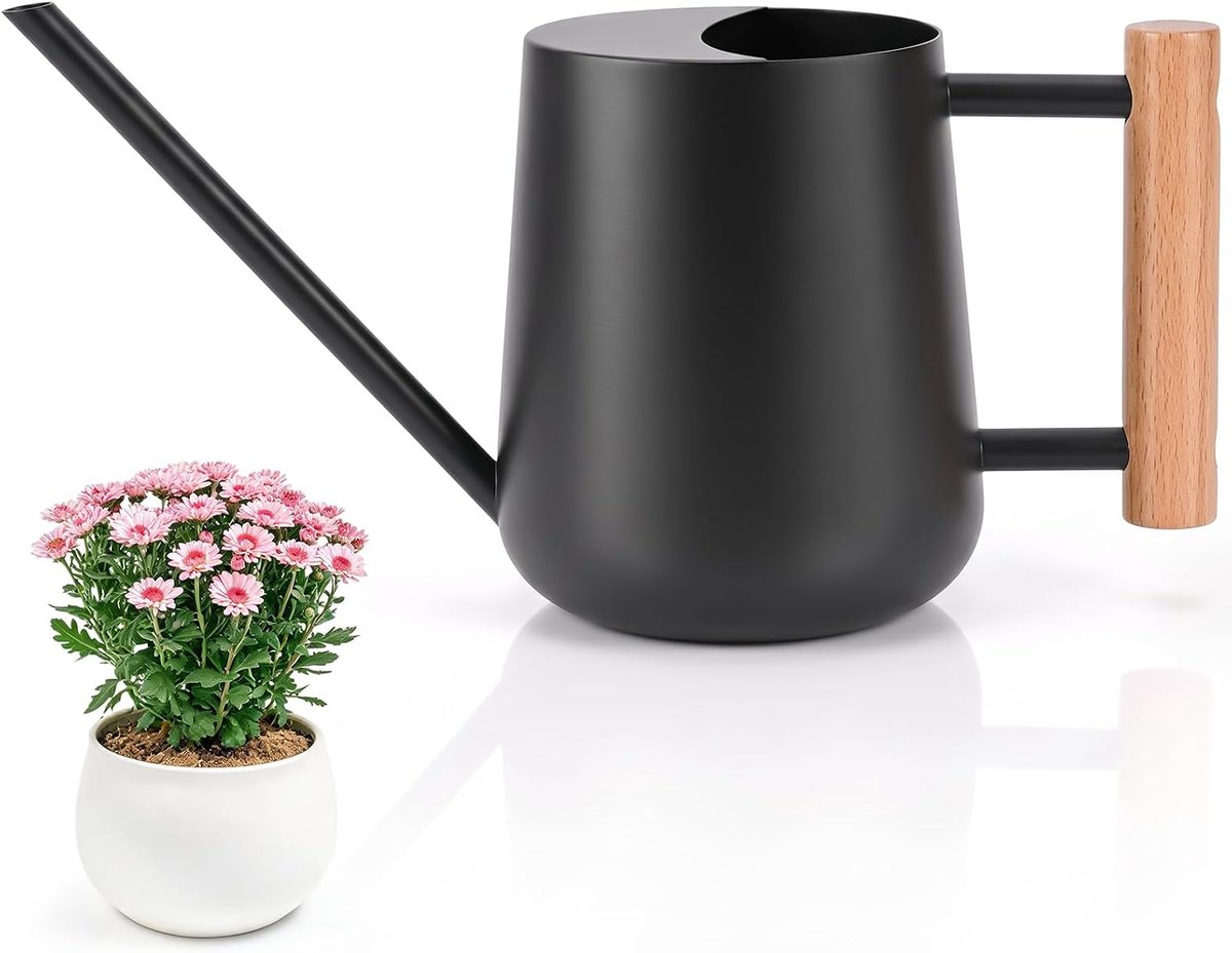 Gieter van 1 liter voor kamerplanten, bloemen, planten en vetplanten | roestvrij staal metaal lange tuit kleine gieter voor binnen en buitentuinen, zwart, 1000 ml