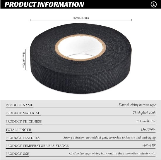 Isolatietape, zwart, bedradingsband, hittebestendig, voor kabelbomen voor auto en motorfiets (19 mm x 15 mm) — afbeelding 4