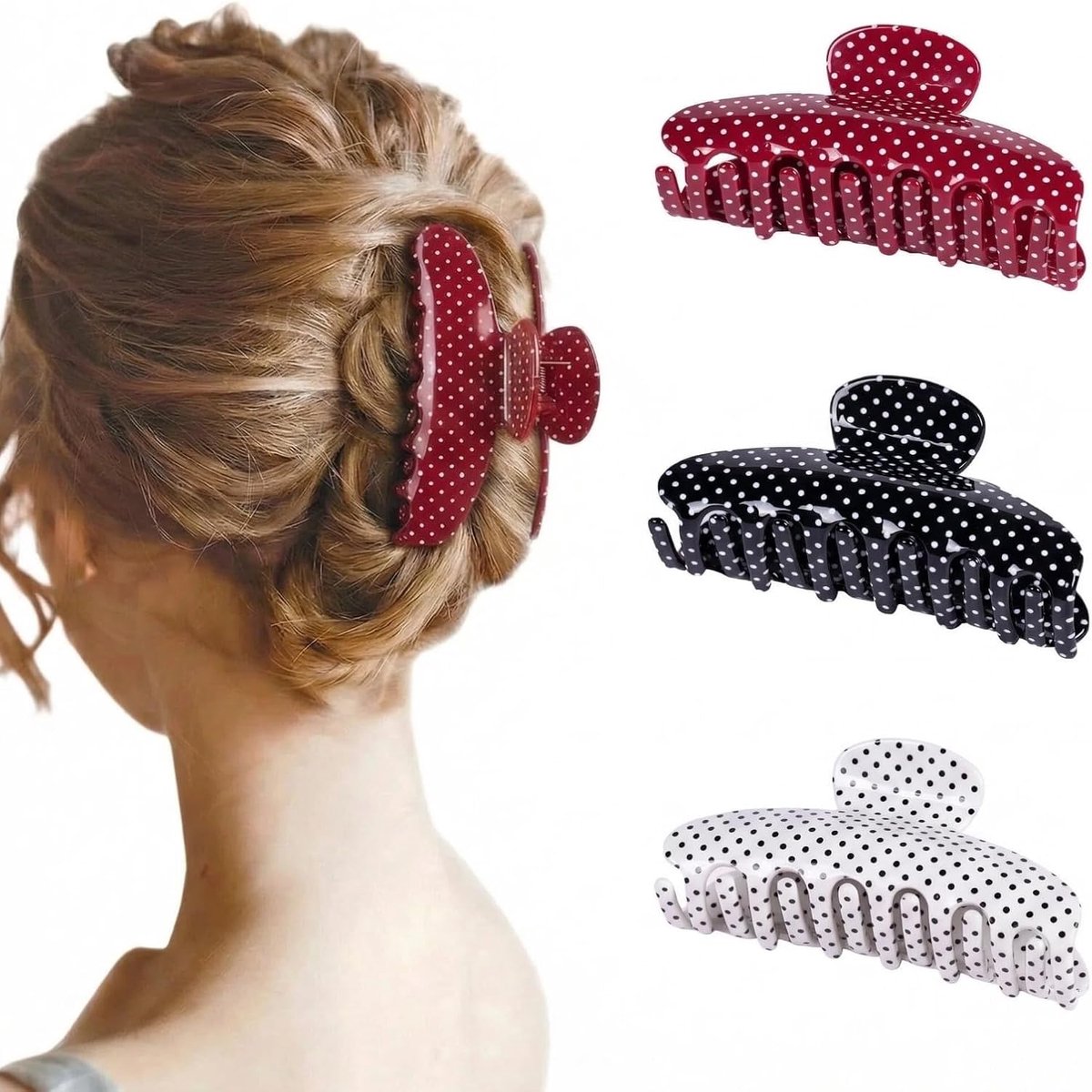 Klemmen Haarspelden Dames, Haarklemmen Groot Hair Clips, Stevige Houding Antislip Retro Polka Dot, 3 Stuks, Voor Dik Dun Haar, Alledaags Feest Make-up, Kunststof Zwart Wit