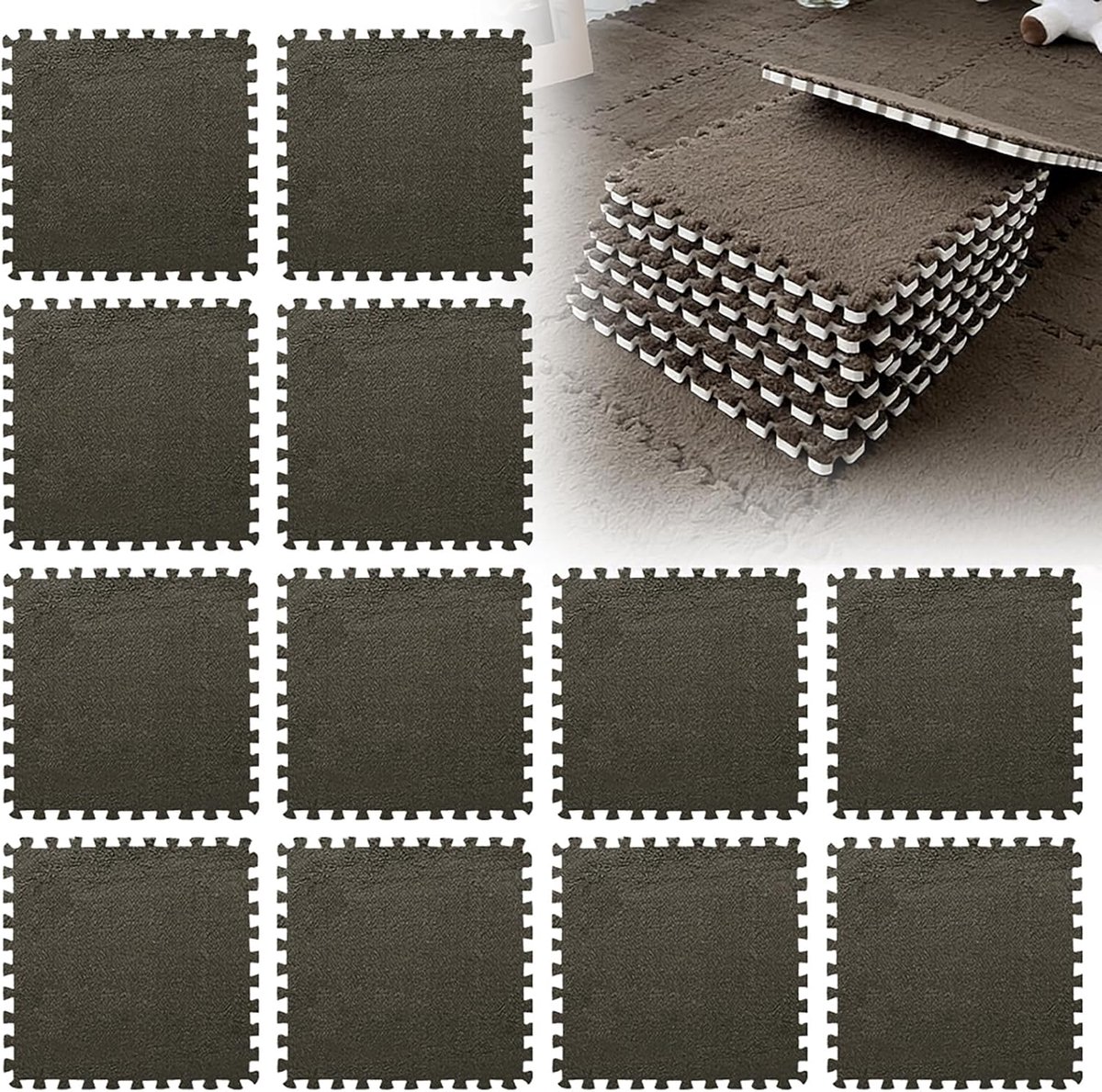 12 stuks in elkaar grijpende pluche schuimmat, 30 x 30 cm, schuimrubberen puzzelmatten, pluizige woonkamer, slaapkamer, tapijttegels, vloertegels voor spel, donkerbruin