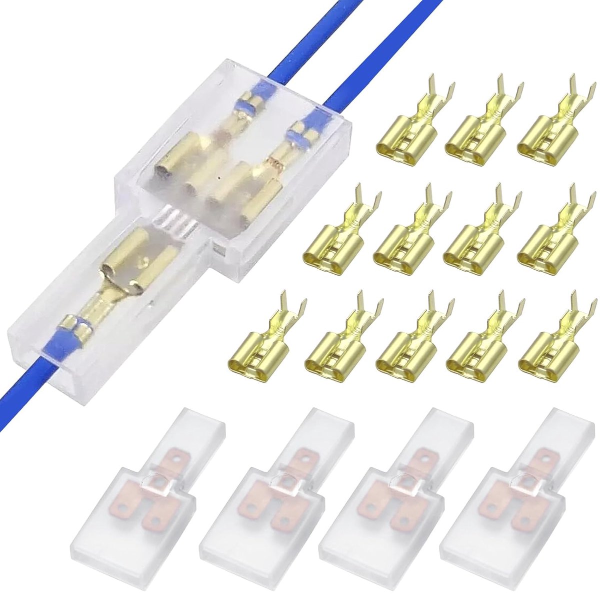 Elektrische draadconnector, 12 stuks kale terminal veercontacten, mannelijk vrouwelijk 1: 2 transparante schede, krimpklemmen elektrisch
