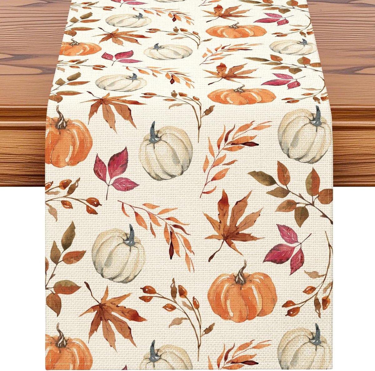 Tafelloper voor de herfst, 40 x 300 cm, tafeldecoratie voor vakantiefeest, oogstfeest, wasbaar (pompoenen en bladeren)
