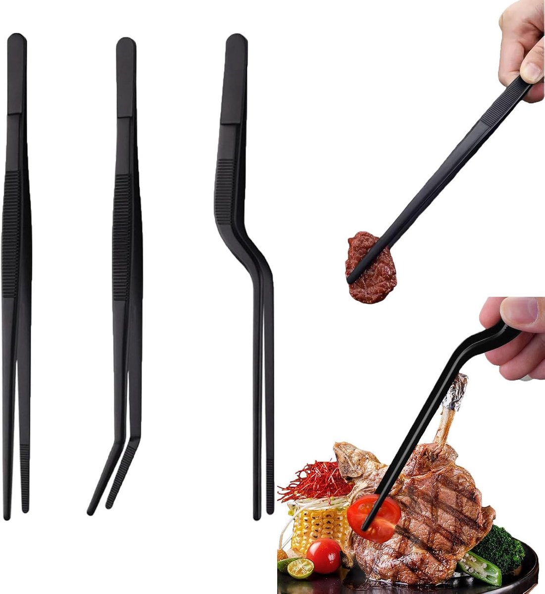 Kookpincet, 3 stuks, 25 cm, roestvrij staal, grilltang, multifunctionele keukenpincet, geschikt voor het presenteren van steaks, buffetten, bakken, grillen en het gebruik (zwart) (zwart 1)