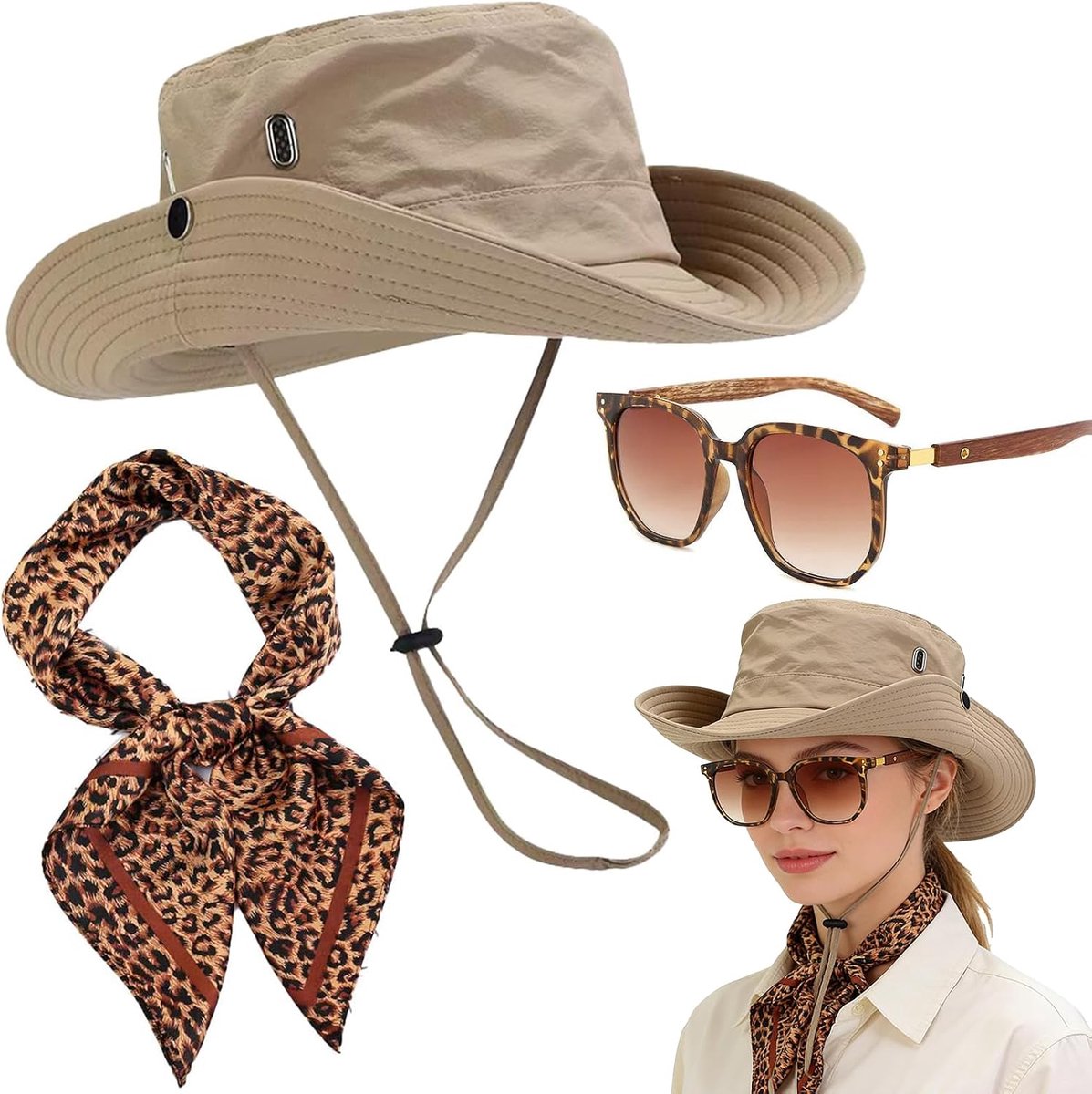 safarikostuum voor dames, zonnehoed, archeoloogkostuum, Halloween-kostuum, vissershoed/telescoop/nekband