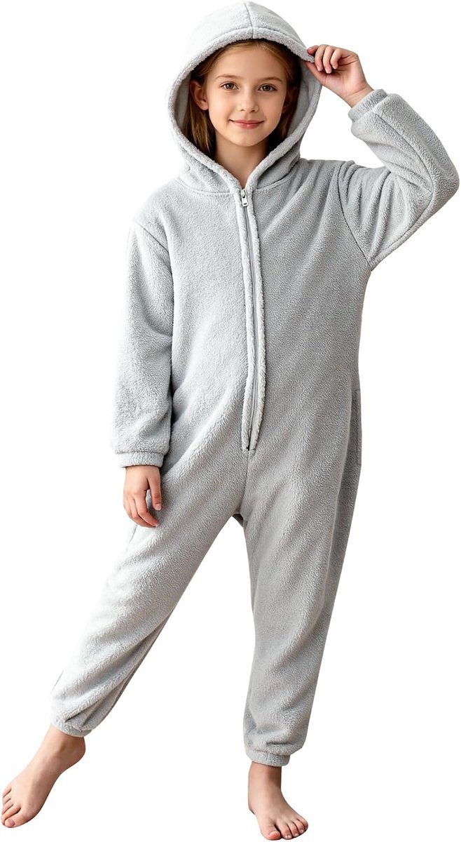 NANU Uniseks rompertje voor kinderen, effen, 3-12 jaar, fleece rompertje met capuchon, zacht, wollig, warm, overall met ritssluiting en zakken, voor jongens en meisjes, 5 kleuren