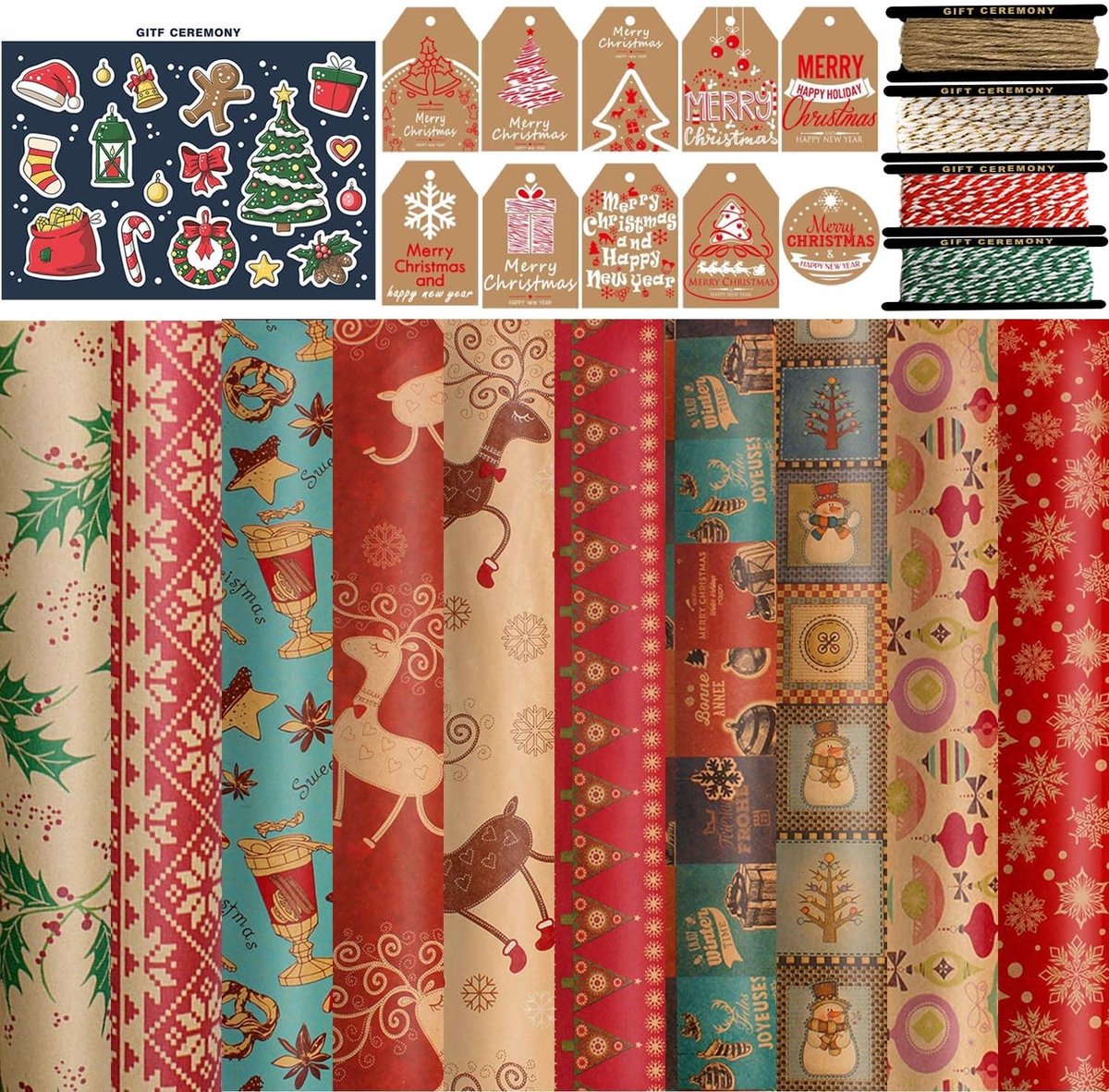 Cadeaupapierset, inclusief 10 papier, 10 labels, kraftpapier, 4 rollen koorden en metaal voor cadeauverpakkingen