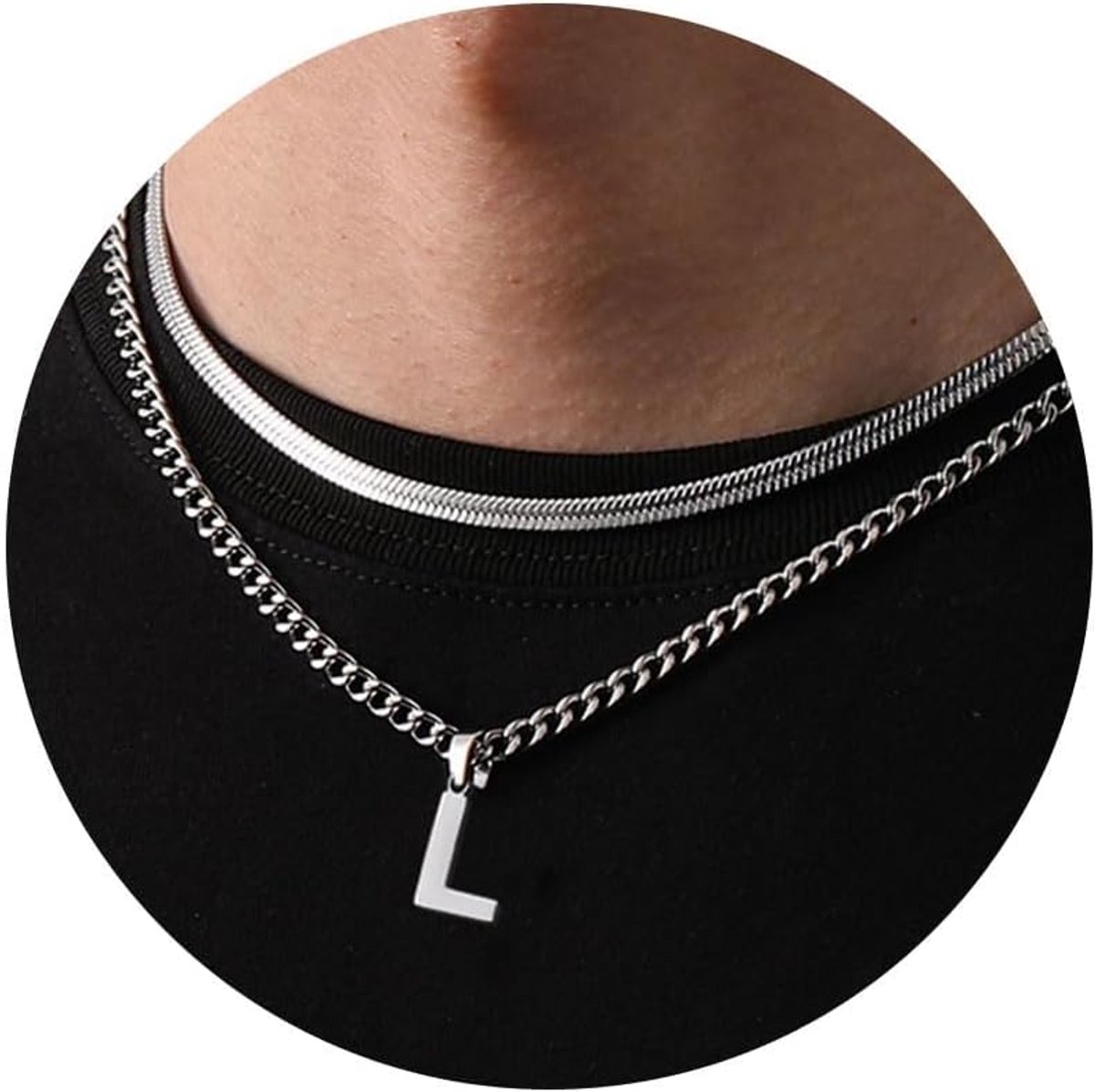 Halskettingen Heren met Letter A-Z Zilver Goud Zwart 316L Roestvrije Stalen Cubaanse ketting Slangenketting Dubbele ketting Cadeaus voor Mannen 18+20 Inches