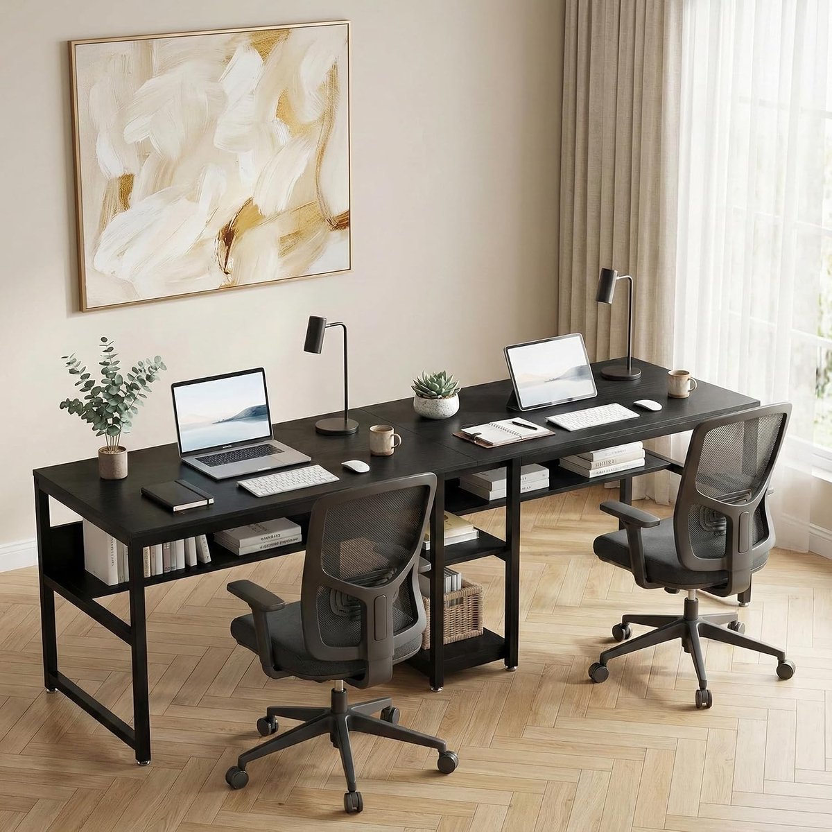 200cm Bureau, Computer Desk gaming, Desk with Shelves, Houten Bureau Tafel, Office Desk for home, Big Table, 200 x 50 x 75 cm, Zwart