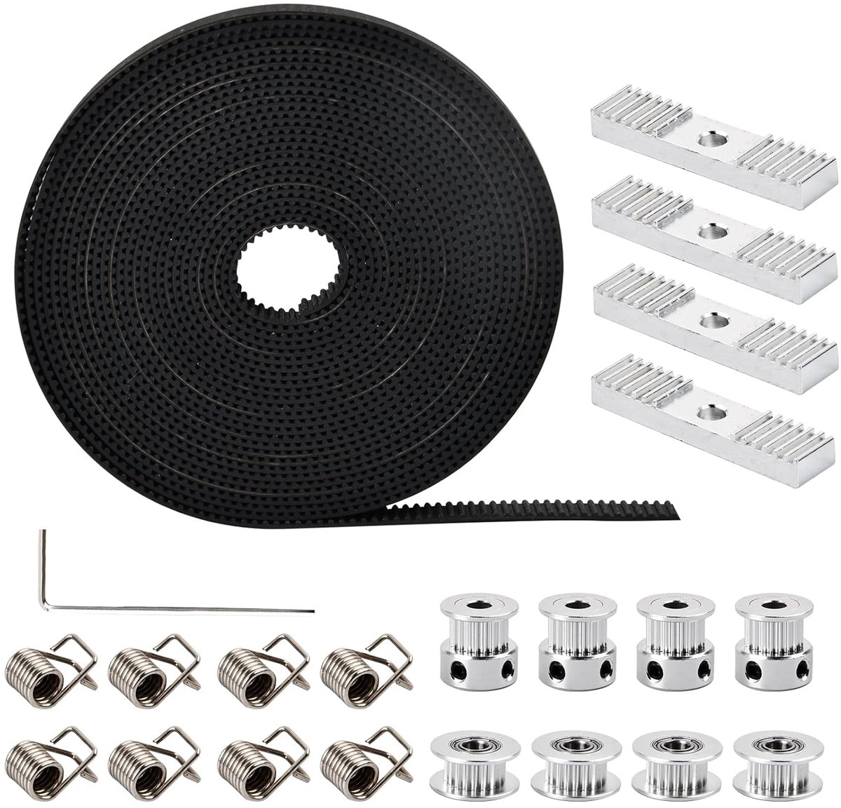 5 m GT2 tandriem, 4 stuks tandriemschijven met 20 tanden en 5 mm binnendiameter, 4 stuks stationaire wielen, 8 stuks spanveren, 4 stuks montageblokken met inbussleutel, geschikt voor 3D-printers