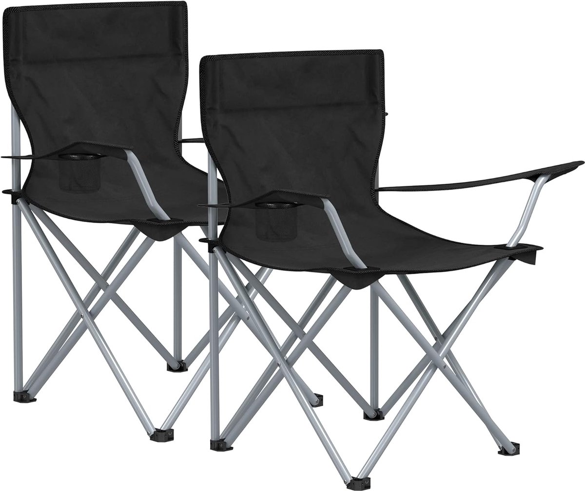Stoelen, klapstoel, klapstoel, outdoor, comfortabele klapstoel met armleuningen en bekerhouder, stabiel frame, draagvermogen 120 kg, zwart