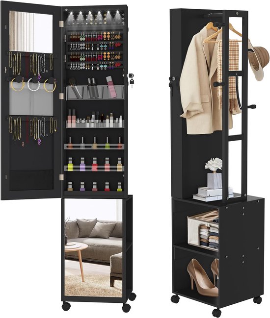 Zwarte sieradenkast met spiegel, make-up organizer en kledingrek, met veel sieraden en make-up.