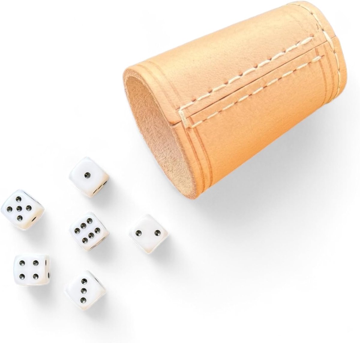 Dobbelbeker van echt leer – incl. 6 dobbelstenen (16 mm), 9 cm, hoogwaardig voor dobbelspellen (natuur)