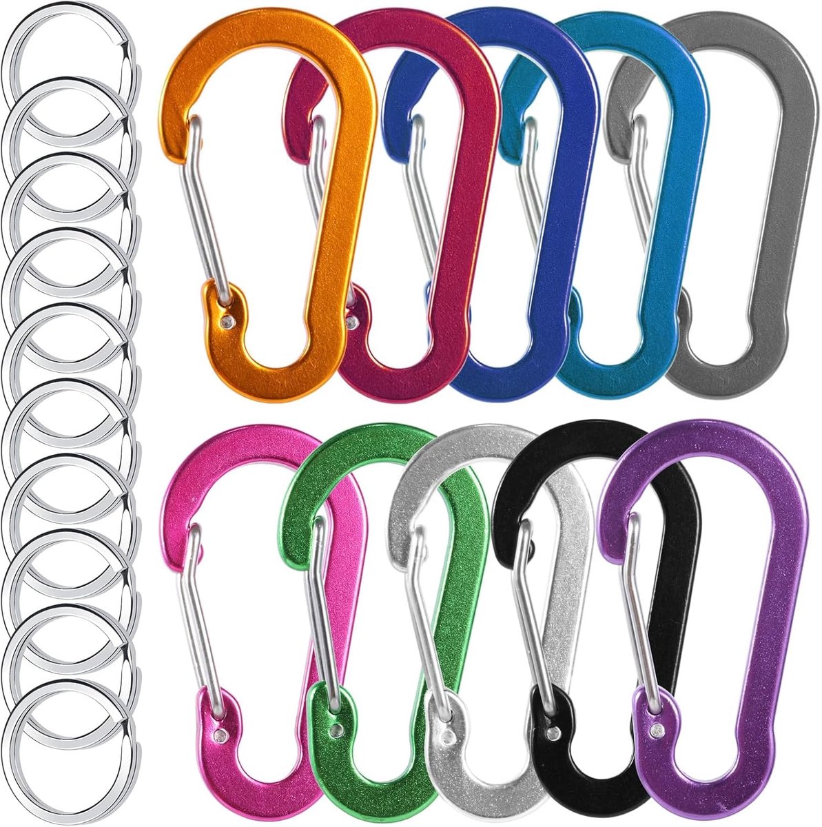 10 stuks mini-karabijnhaken met sleutelringen, aluminium, klein, compact, licht, voor uitstapjes en kamperen in de open lucht (10 kleuren)