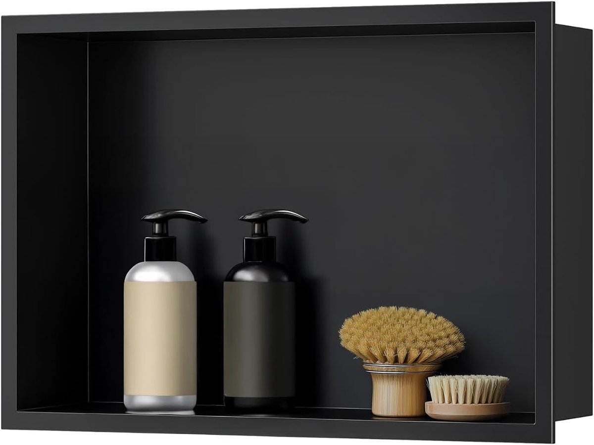 wandnis douche, roestvrij staal, enkele plank opslag, douchebak 30 x 45 x 10 cm, zwart