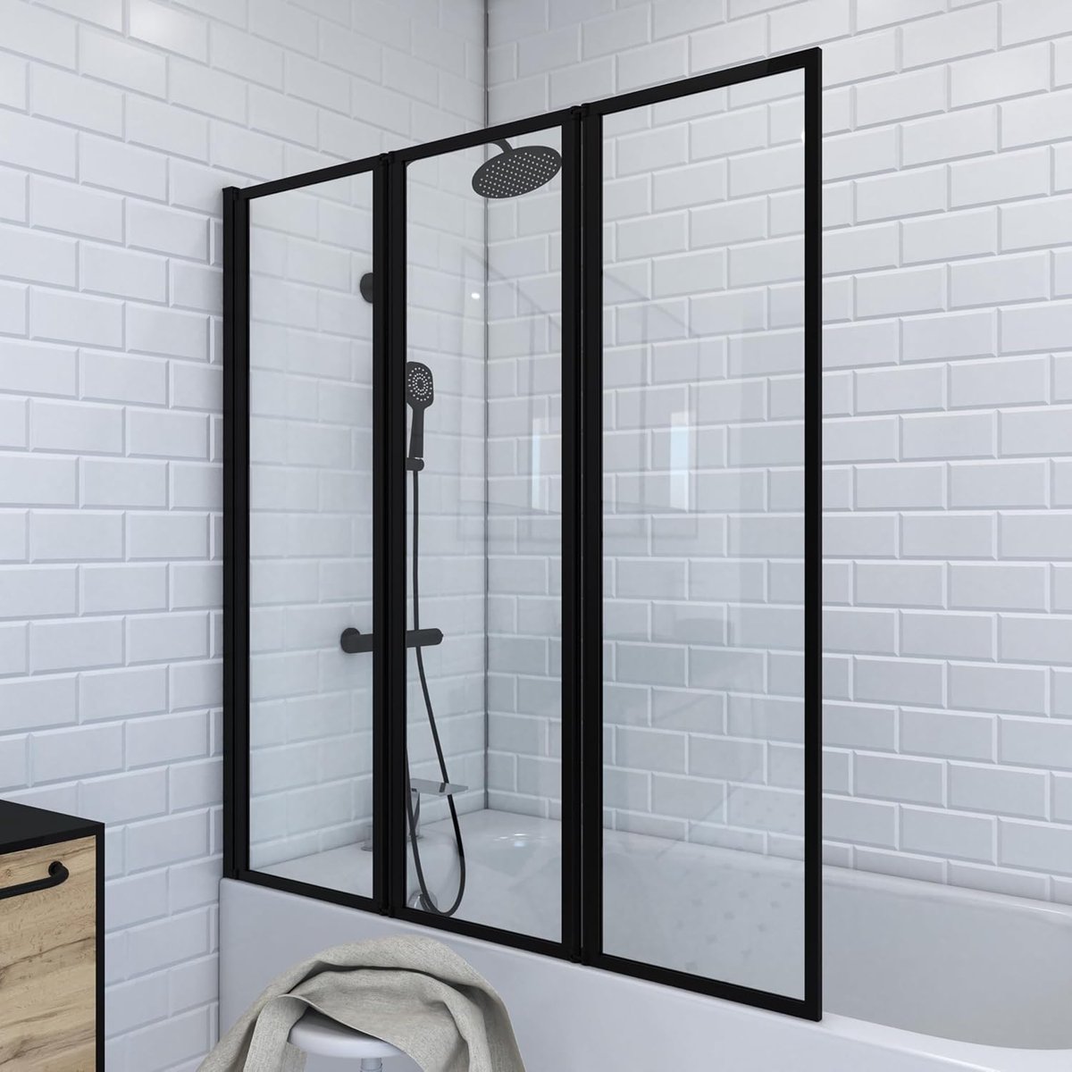 Vouwwand voor badkuip, zwart, 3-delig, 125 x 143 cm, draaibare douchewand voor badkuip, 4 mm veiligheidsglas, aluminium profielen zonder zichtbare schroefverbindingen, aan beide zijden