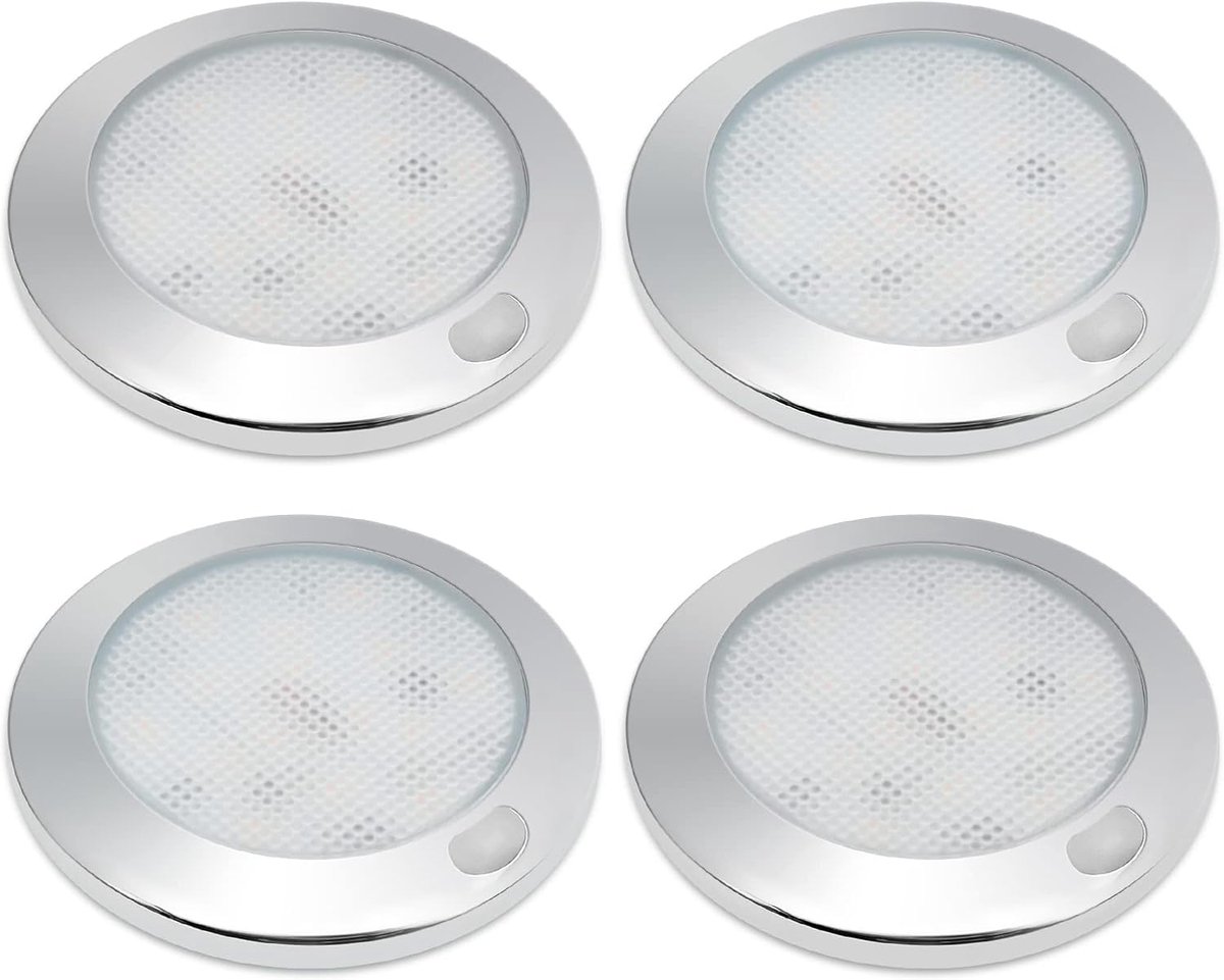 Lighting Plafondlamp LED Dimbaar 12v voor RV Caravan Camper Verlichting Verchroomd Ronde 7,6CM 2,4W IP44 Warm Wit 3000K 4 Pak