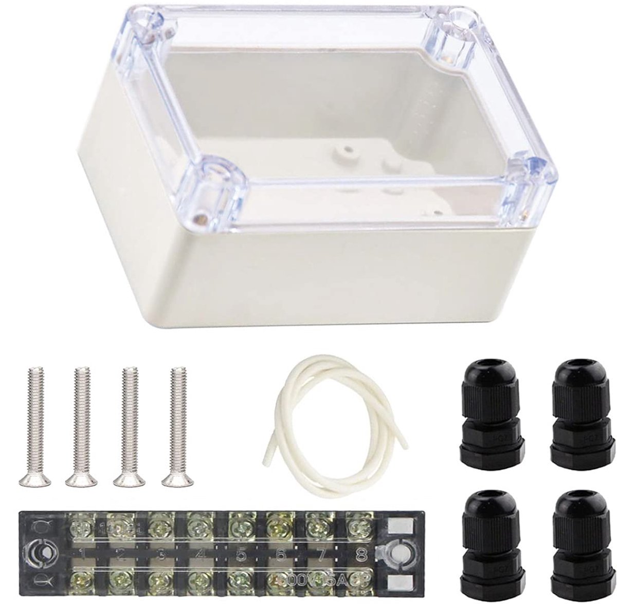 aansluitdoos 100 x 68 x 50 mm IP65 waterdichte elektronische projectbehuizing Transparante afdekking voor buiten met 8P-aansluitblok, 4PCS PG7-kabelwartel