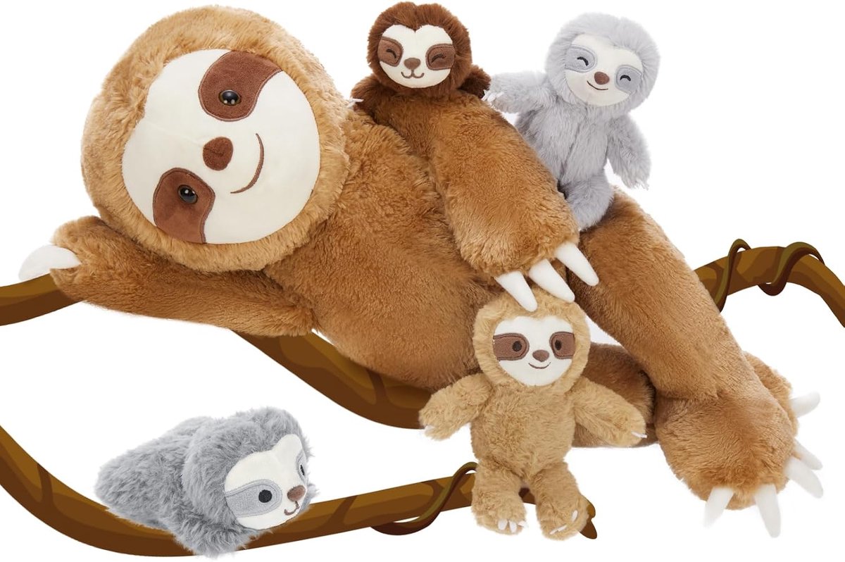 5 stuks luiaard knuffeldier, XXL-set, 56 cm, reusachtige luiaard knuffeldier met 4 baby's in de buik, groot pluche dier, knuffeldier, pop, Slothteddy, cadeau voor baby's en meisjes