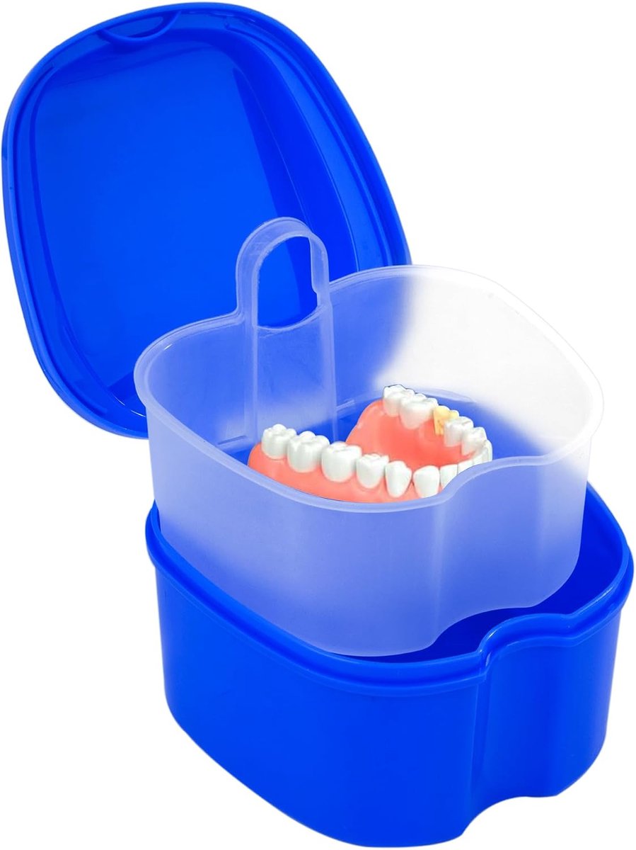 Box voor tandprothese, bewaardoos, bewaardoos met hangende zeef voor valse tanden, opslag, reiniging (donkerblauw)