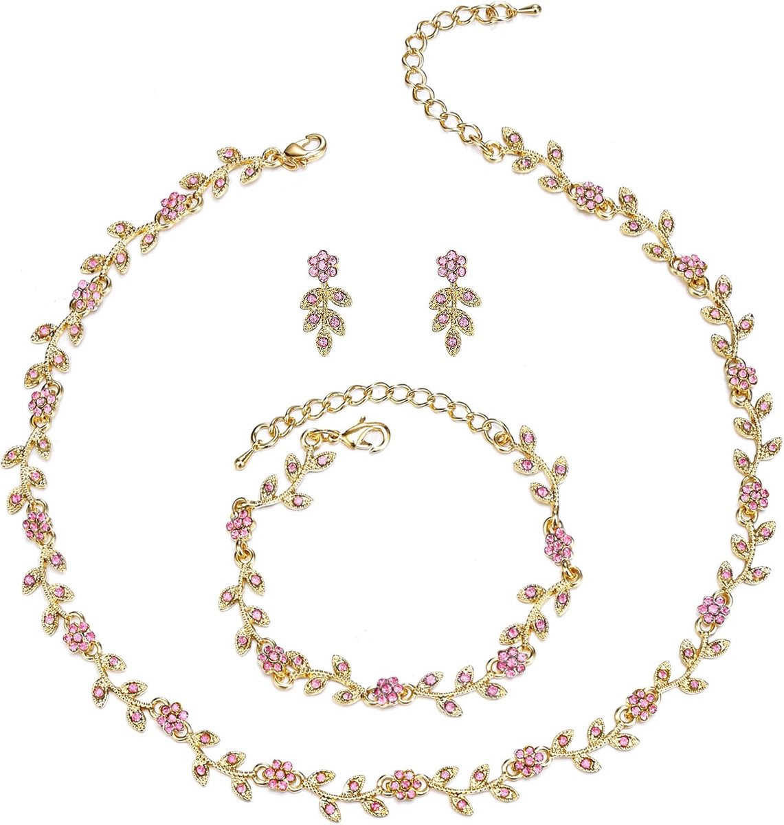 Bruiloftssieradenset voor dames, bruid, prachtige indrukwekkende kristallen bloemblad, cluster, choker, halsketting, schakelarmband, oorstekerset voor bruid of bruidsmeisje