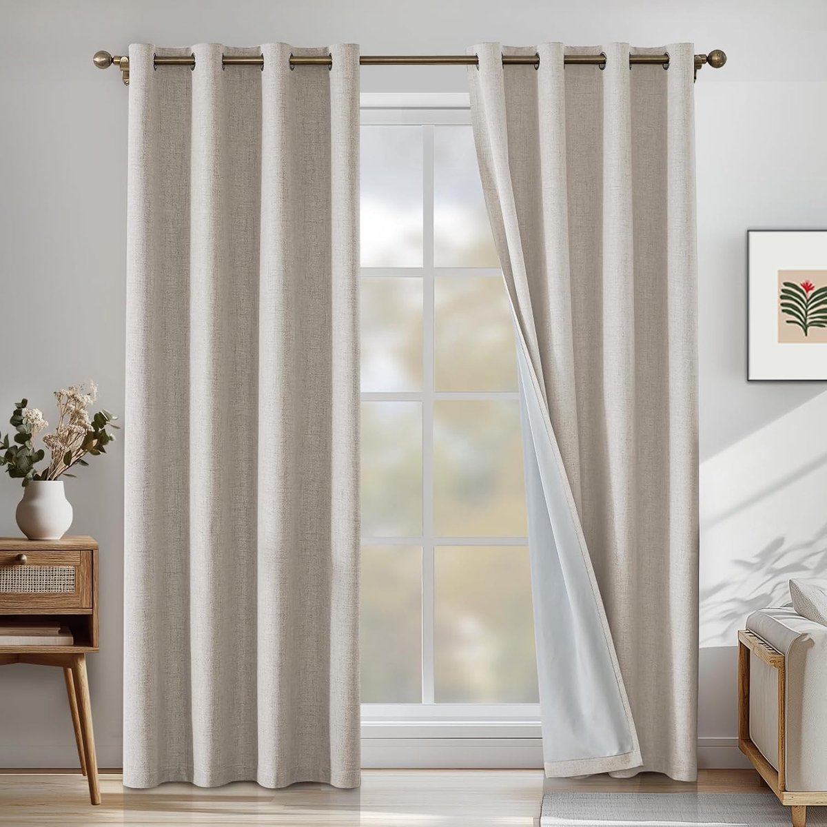 100% Verduisterend Linnen Effect Gordijnen Set Van 2, 140x280cm, Ondoorzichtig Warmte-Isolerende Thermische Gordijnen Met Ringen, Geluidsbescherming, Voor Slaapkamer Woonkamer, Grijswit
