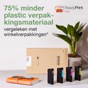 Zwarte Epson printer, inktcartouches en doos met 'ReadyPrint Flex' logo. Tekst: 75% minder plastic.