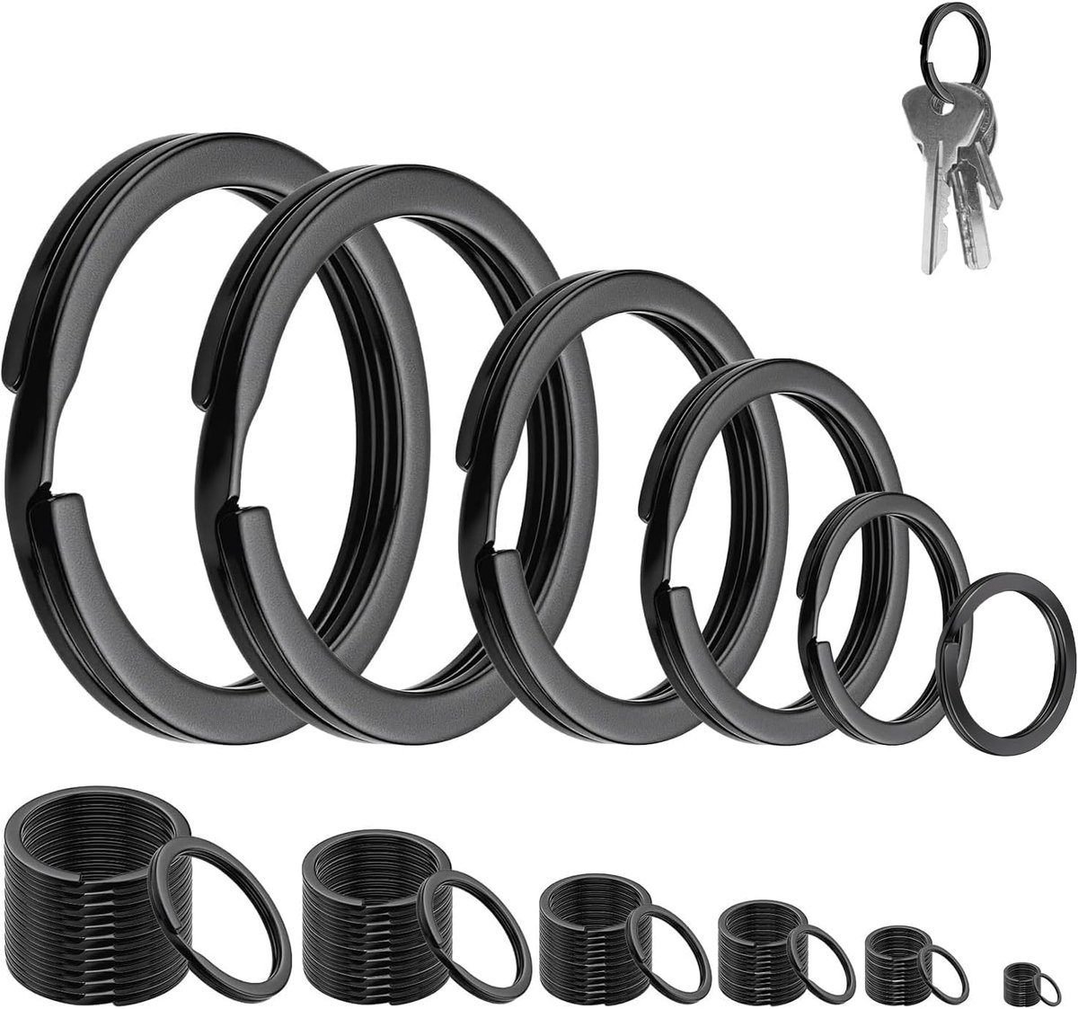 35 mm, 32 mm, 30 mm, 28 mm, 25 mm, 20 mm, zwart, set voor knutselen, sleutelhanger, stabiel, plat voor sleutels, doe-het-zelf handwerk, 6 maten