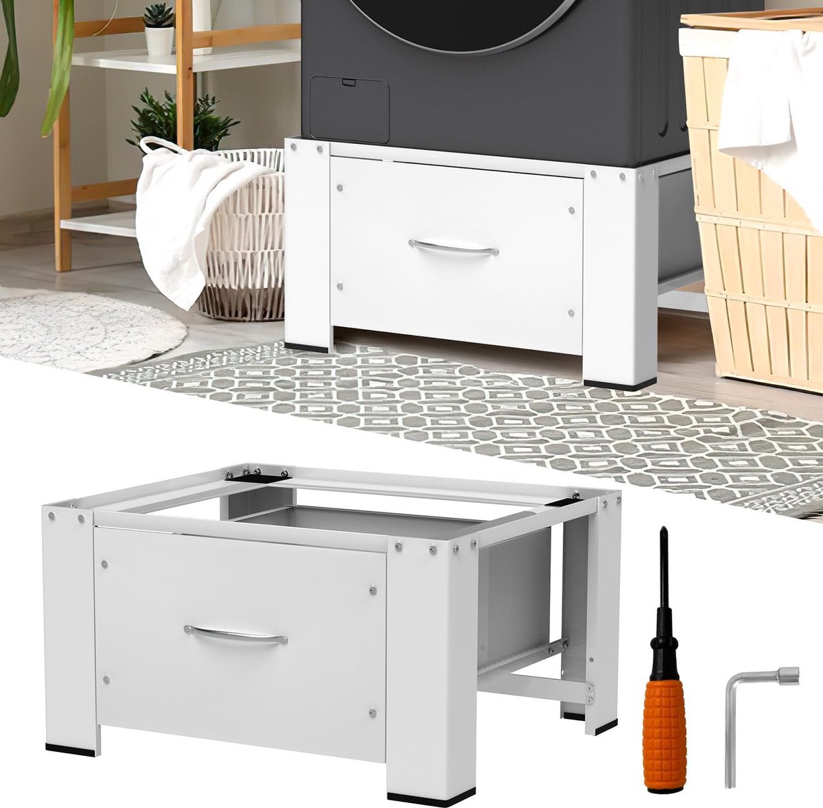 Onderstel voor wasmachine met lade, 63 x 54 x 32 cm, 150 kg | Stalen frame met trekstangen, antislipvoetjes en dempingspads voor badkamer en wasruimte