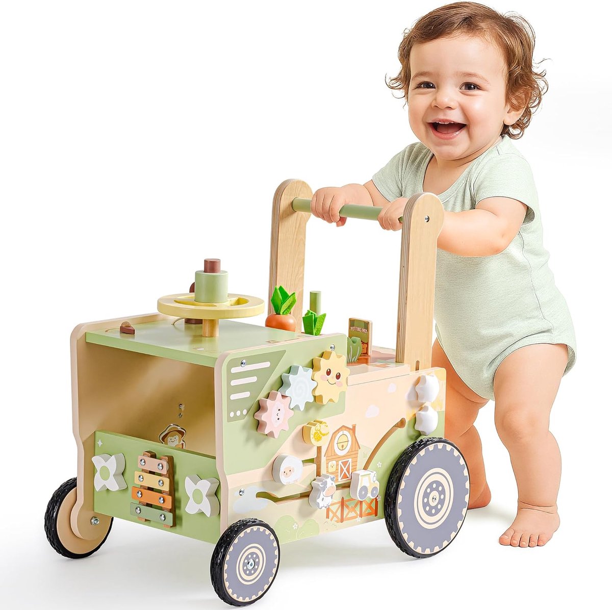 Babyloopsteun voor 1-2 jaar oud, boerderij-gethemat loopsteuntje van hout met wielen, Montessori leeractiviteitscentrum speelgoed voor meisjes en jongens, cadeaus voor baby's vanaf 10 maanden