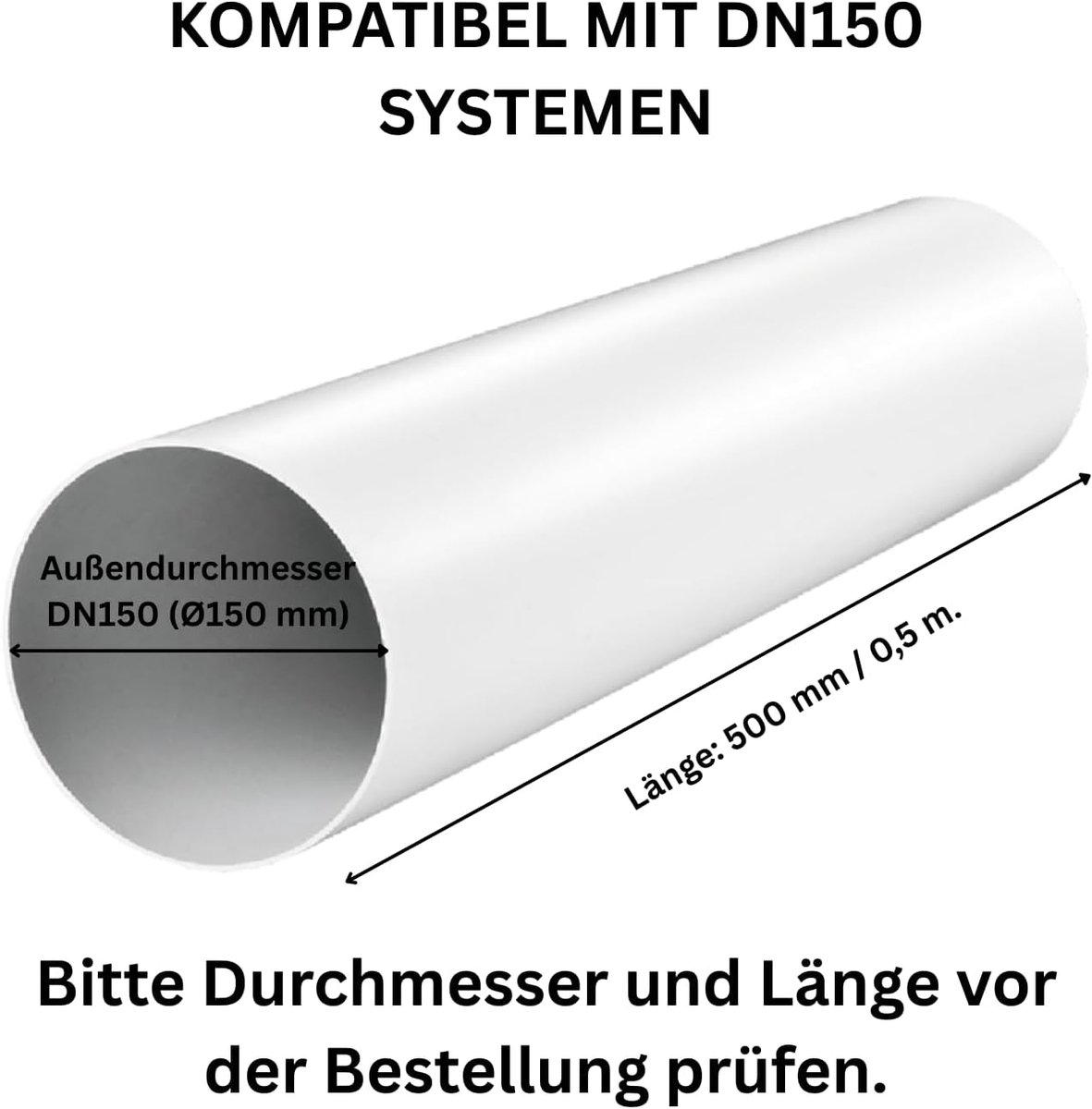 DN150, Ø 150 mm, lengte 0,5 m, stijve ronde buis voor afvoer en afzuigkap, ABS-kunststof, wit, 1 stuk