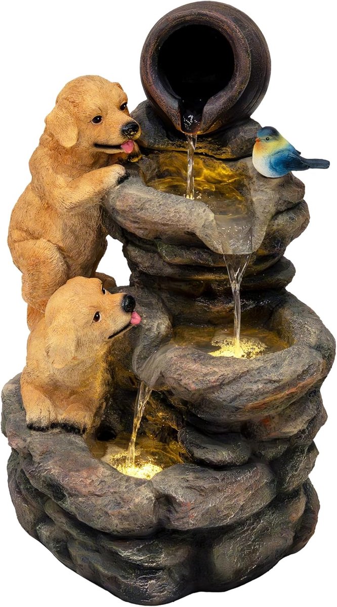 Tuinfontein met honden en vogel - polyresin grijs - LED verlichting - sfeervolle decoratie voor tuin - SnelShoppen