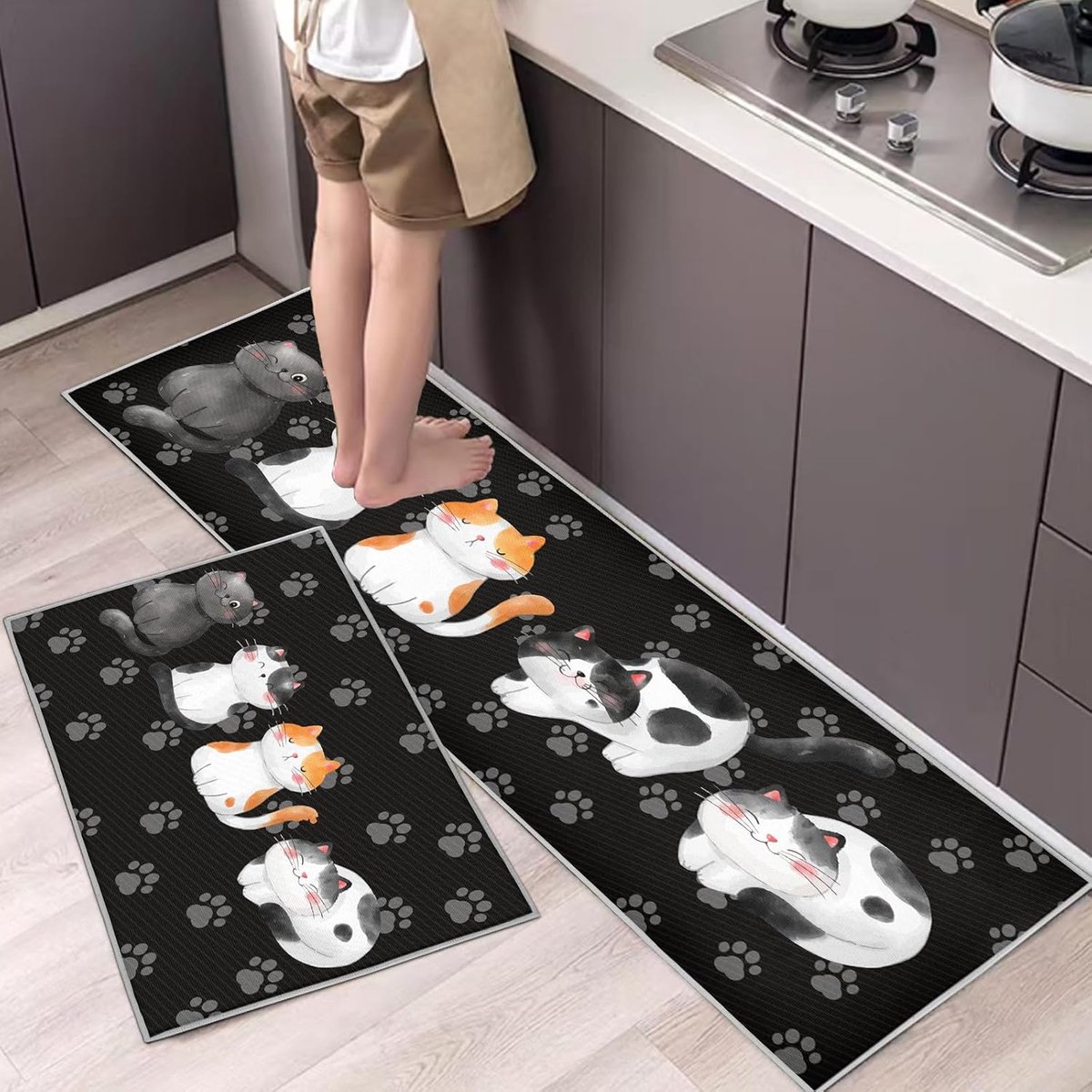 Set van 2 keukenmatten, antislip, water- en olieabsorberend, stofdicht, keukenmat, vloermat voor binnen (kitten, 43 x 75 + 43 x 150 cm)
