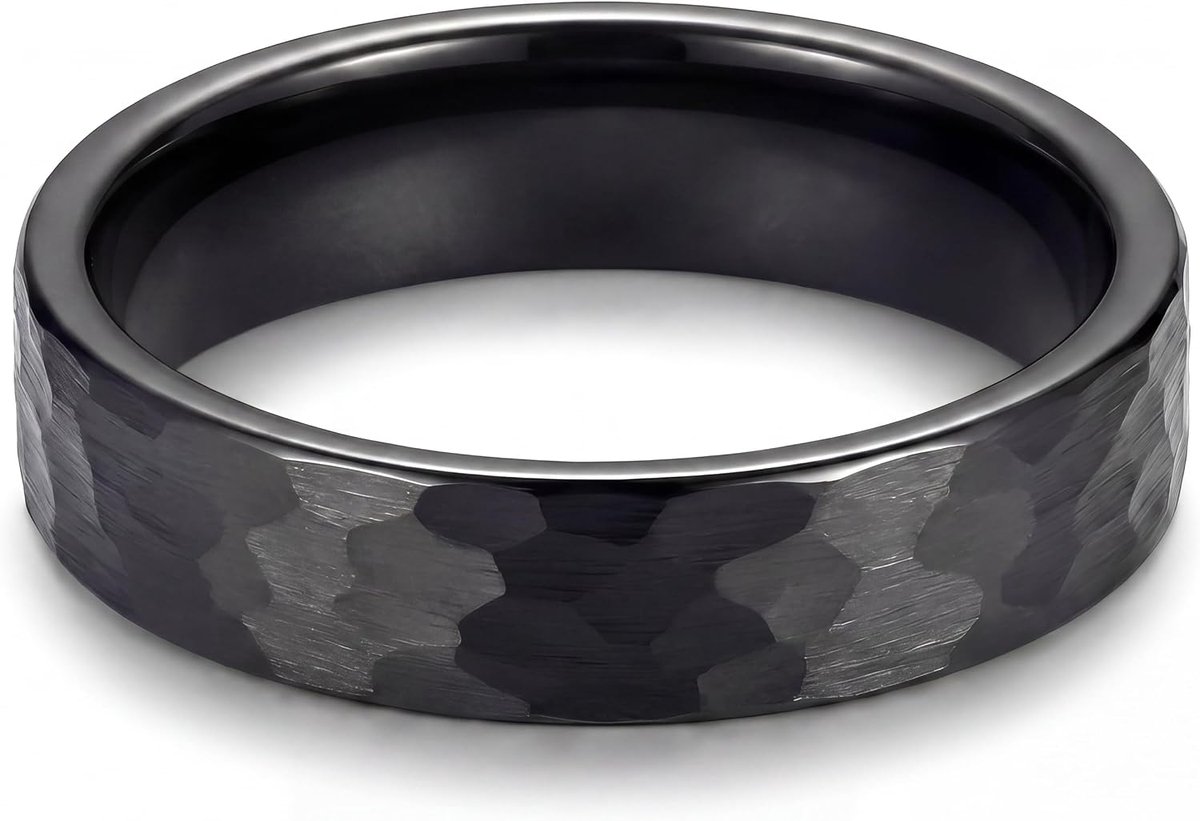 Herenring van wolfraamcarbide gehamerd oppervlak, zwart, 6 mm, minimalistisch design, maat 7 tot 14, inclusief geschenkverpakking