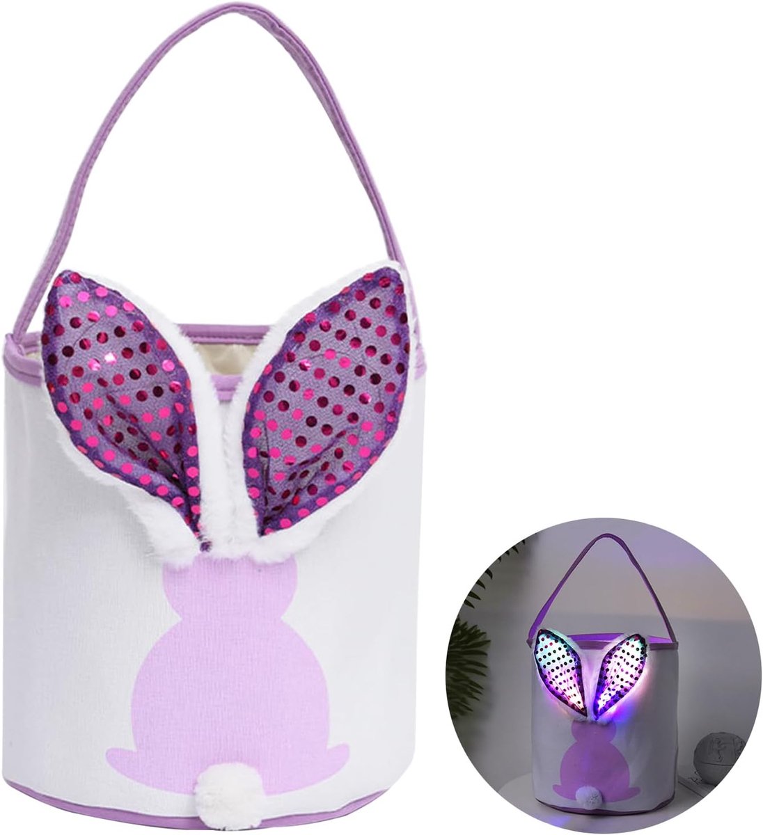 Paasmandjes met handvat, paasmandje met haas met LED-licht, paasdecoratie verlicht, paasdecoratie lichtgevend, paasnestjes om te vullen voor kinderen met oren, stof, modern knutselen, pluche, tafel
