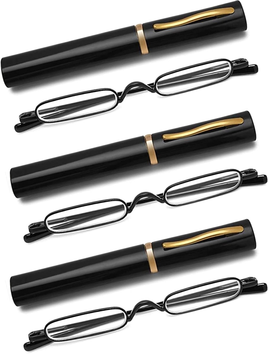 3 Pack Mini Slim Pen Leesbril - Compacte lezers met Pen Clip Case Spring Hinge Metal Frame Bril